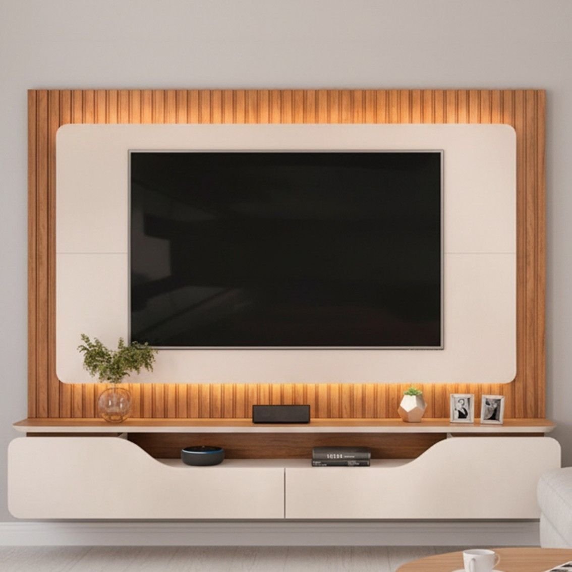 Painel Ripado para TV até 70 Polegadas Treviso 100% MDF 210cmx180cm com LED Dj Móveis