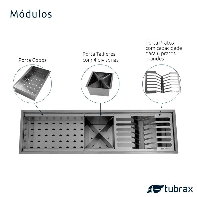 Canal Úmido Organizador Calha de Cozinha em Aço Inox 304 C/3 Módulos e Tampa Tubrax UAC0003-NT