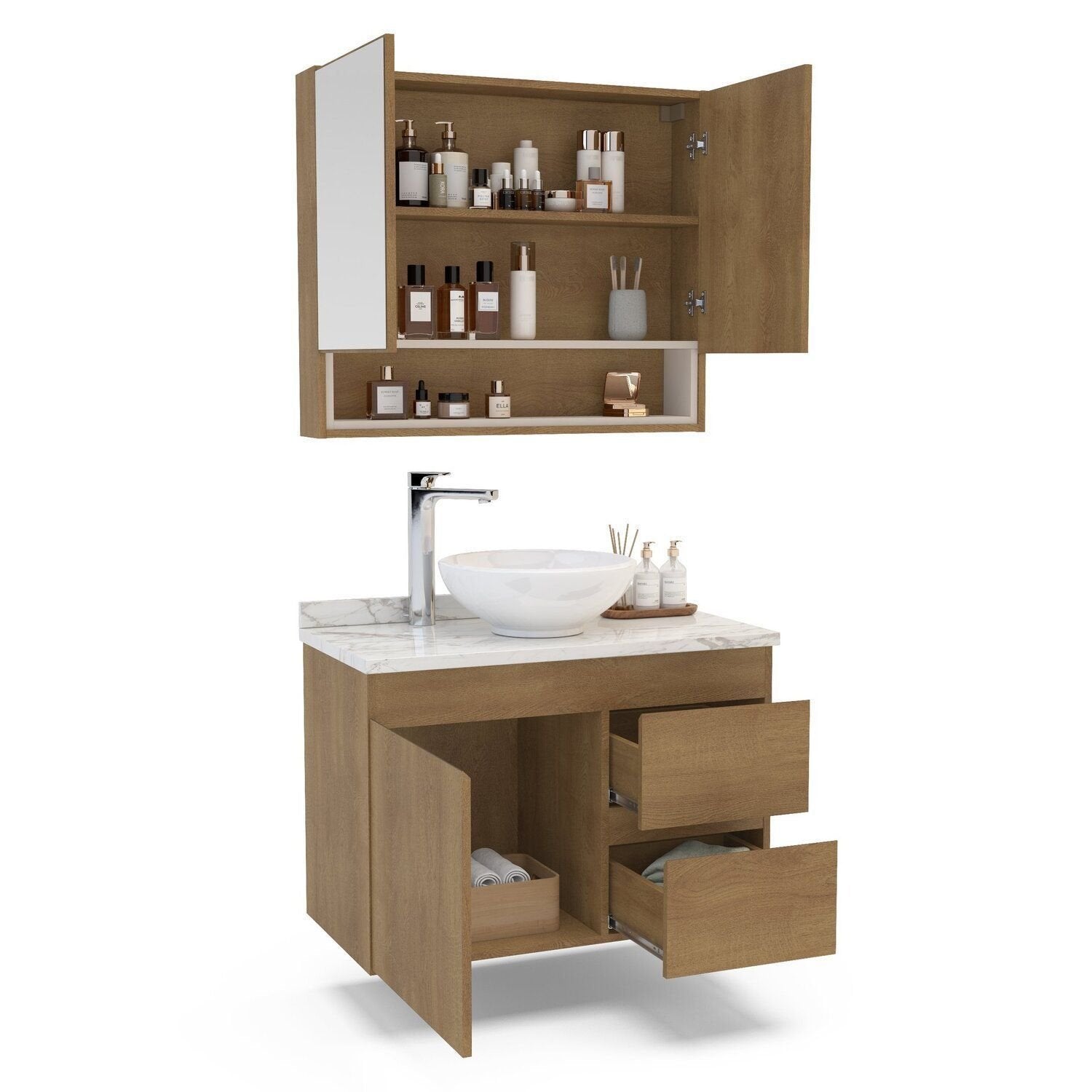 Conjunto Gabinete para Banheiro com Espelheira Travertino Politorno 80cm Marrom/Freijó/Creme