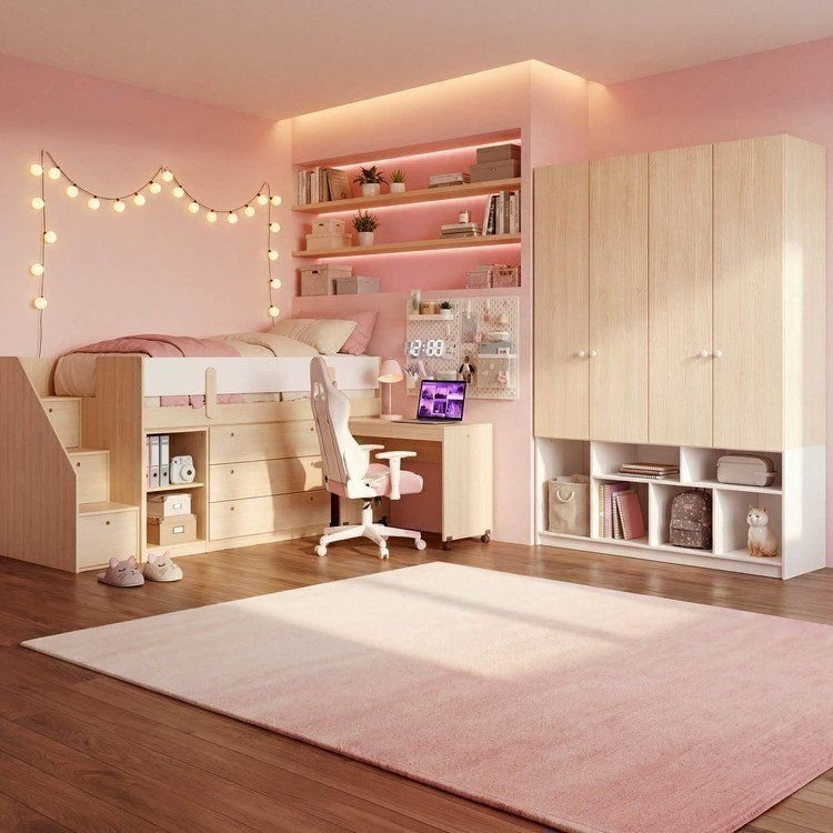 Quarto Infantil Completo Cama Elevada com Cômoda Escrivaninha Armário Artsy e Guarda-Roupa 4 Portas Curió Casatema MadeiraOriginals Natural