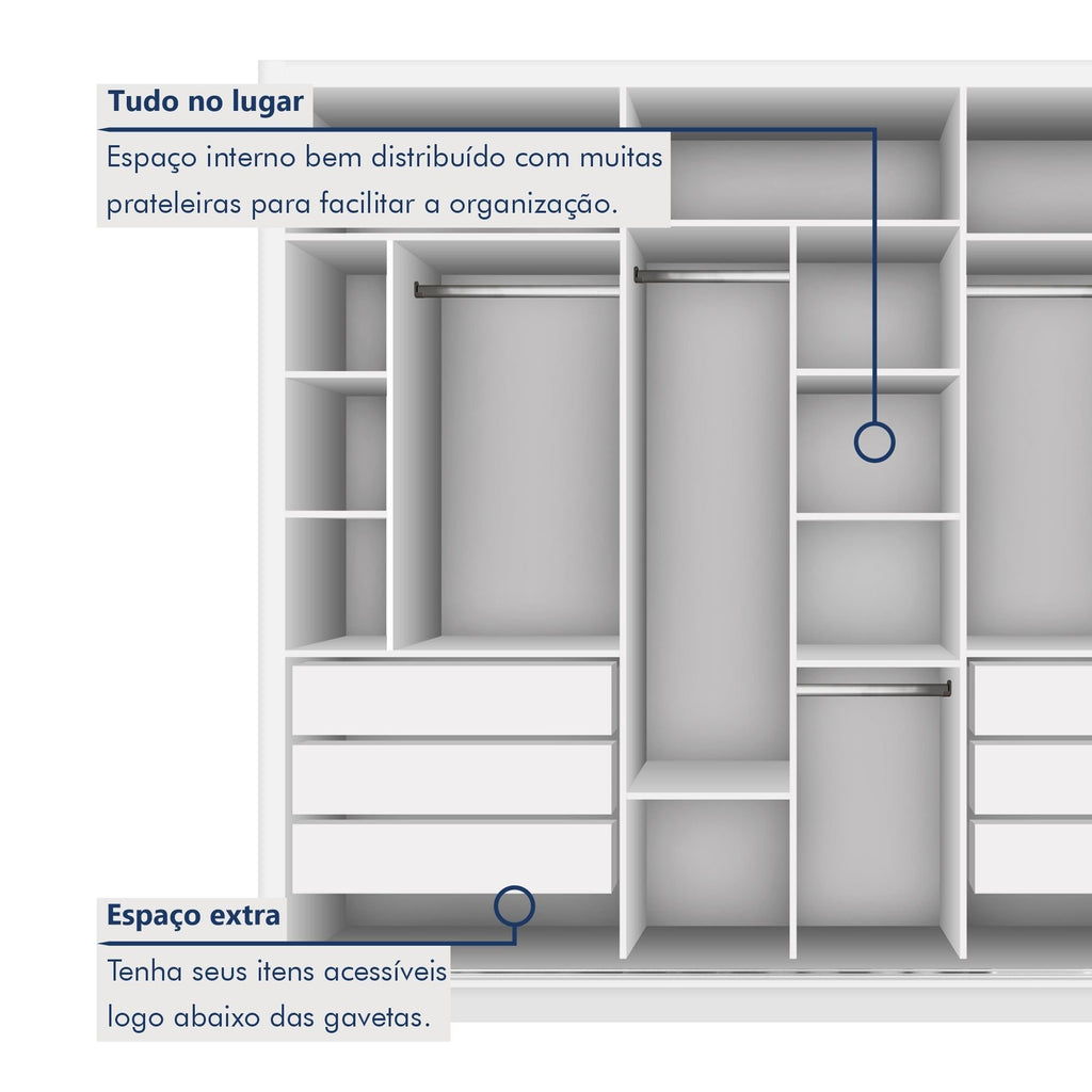 Guarda-Roupa Casal 3 Portas 6 Gavetas com Espelho Premium Lux Yescasa Branco