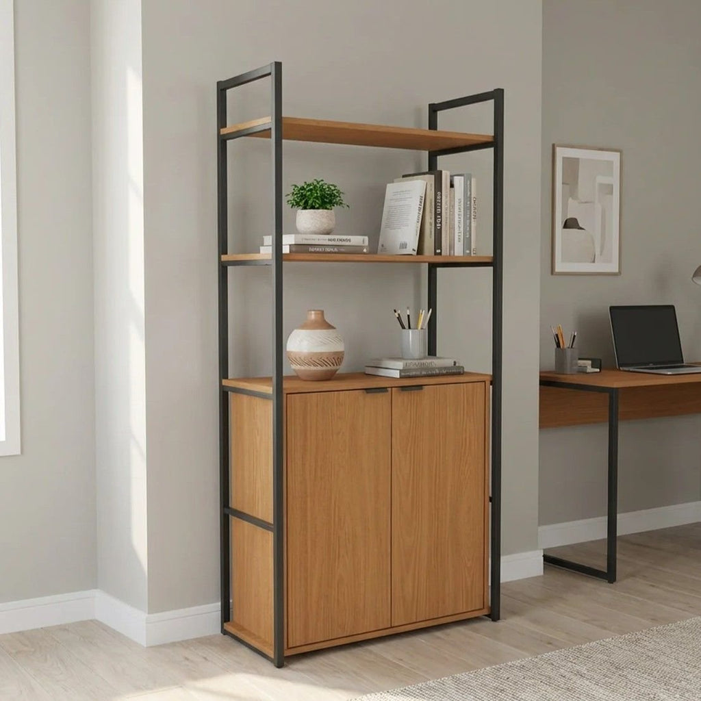 Estante de Livros Industrial em Aço com 2 Portas e 2 Prateleiras 151x72cm Canela/Preto