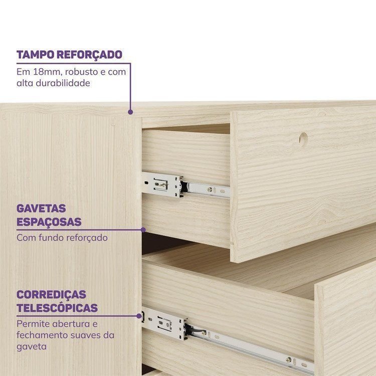 Quarto Infantil Completo Cama Elevada com Cômoda Escrivaninha Armário Artsy e Guarda-Roupa 4 Portas Curió Casatema MadeiraOriginals Natural