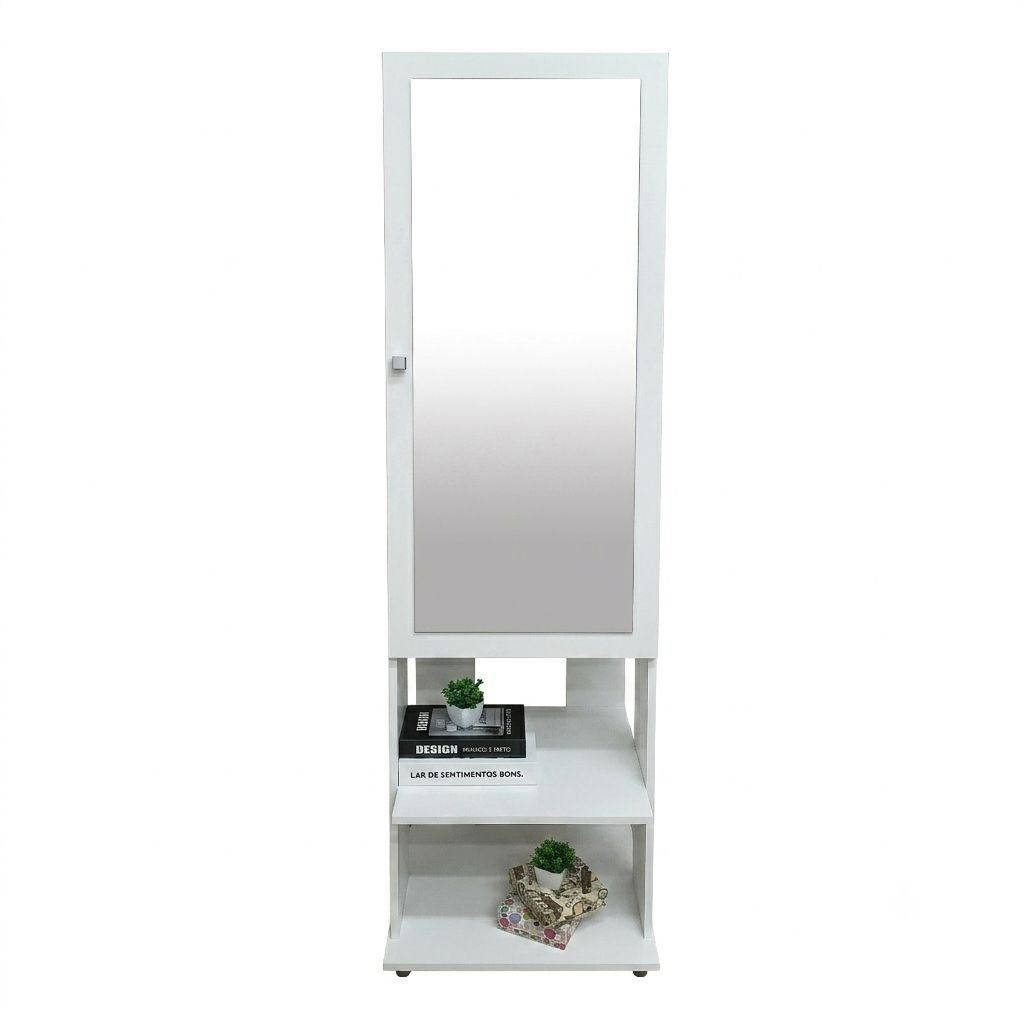 Espelho de Chão Grande Retangular 175x49cm 2 Prateleiras Porta Acessórios Retrô PE2024 Tecno Mobili Branco