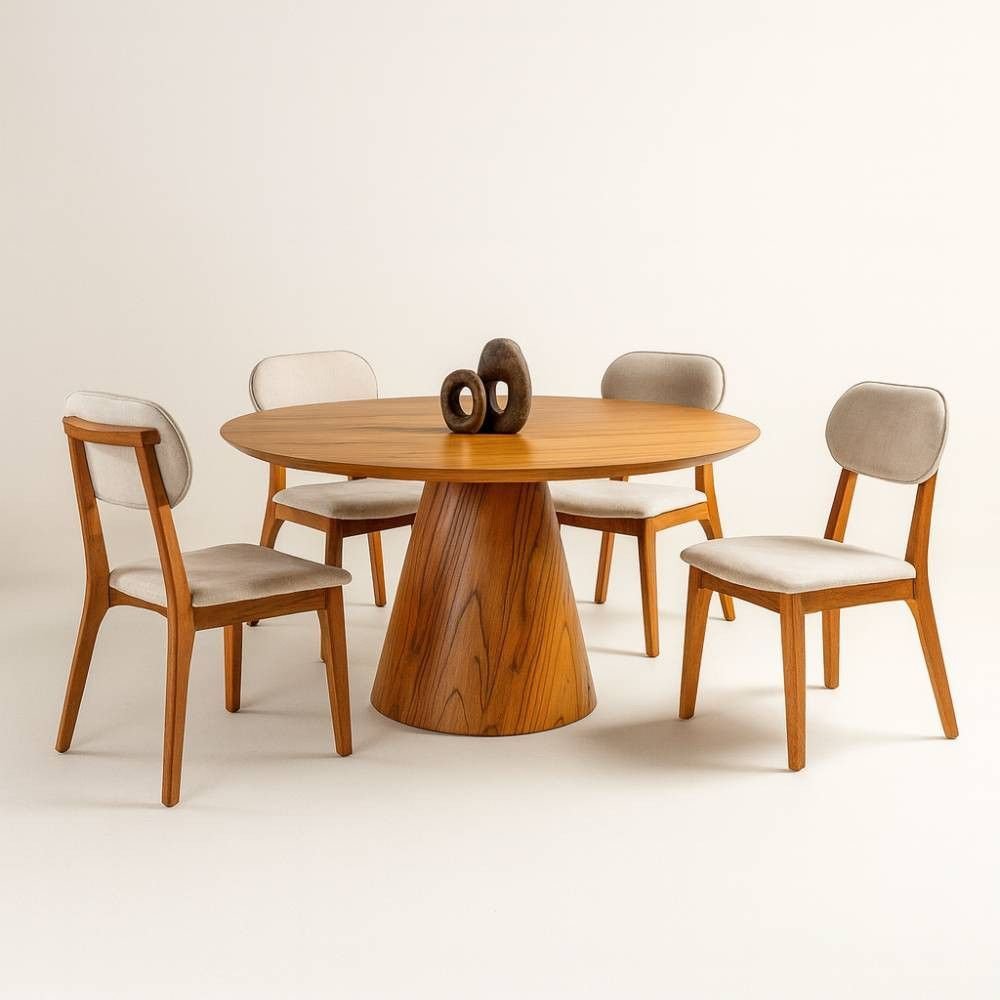 Conjunto Sala de Jantar Marrocos Mesa Redonda 1,2m e 4 Cadeiras Madeira Maciça Móveis Mundial