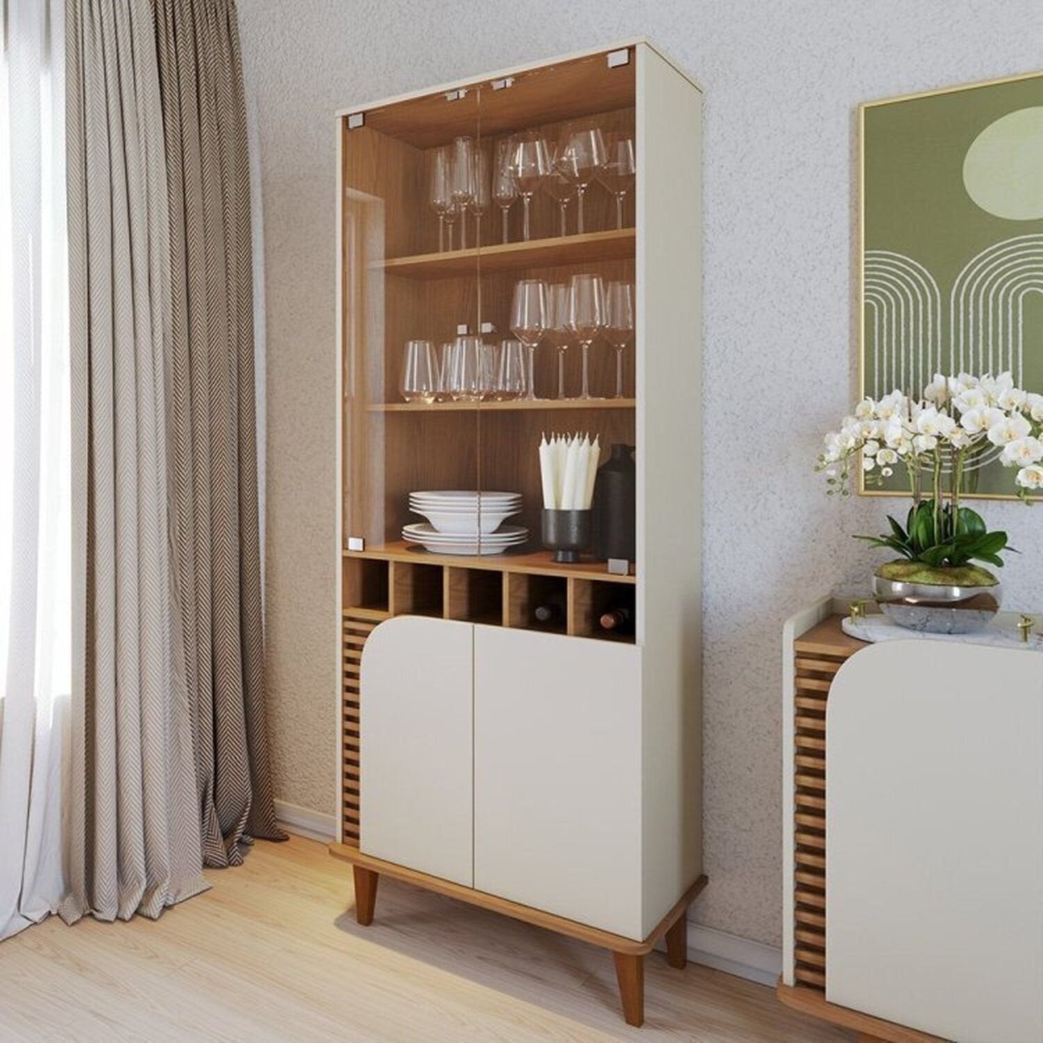 Conjunto Sala de Estar Completa Jurerê Home Maceió para TV Até 65 Polegadas Buffet e Cristaleira 4 Portas Colibri Branco Off White Matte/Freijó