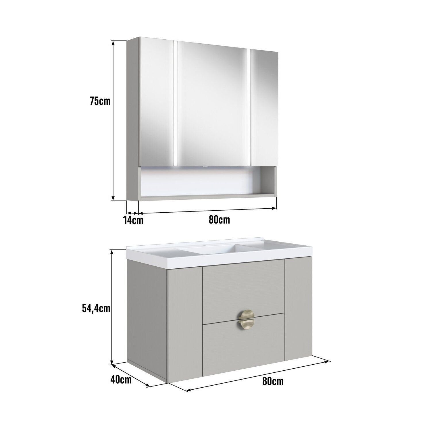Conjunto para Banheiro Gabinete Suspenso com Cuba e Espelheira Yescasa CJ8070 80cm Bege/Arenas