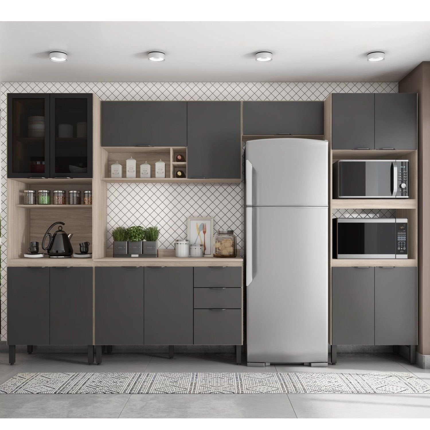 Cozinha Completa Modulada Firenze 05 Peças 14 Portas 2 Gavetas Demóbile Cinza/Avena/Grafito 330x219x52cm