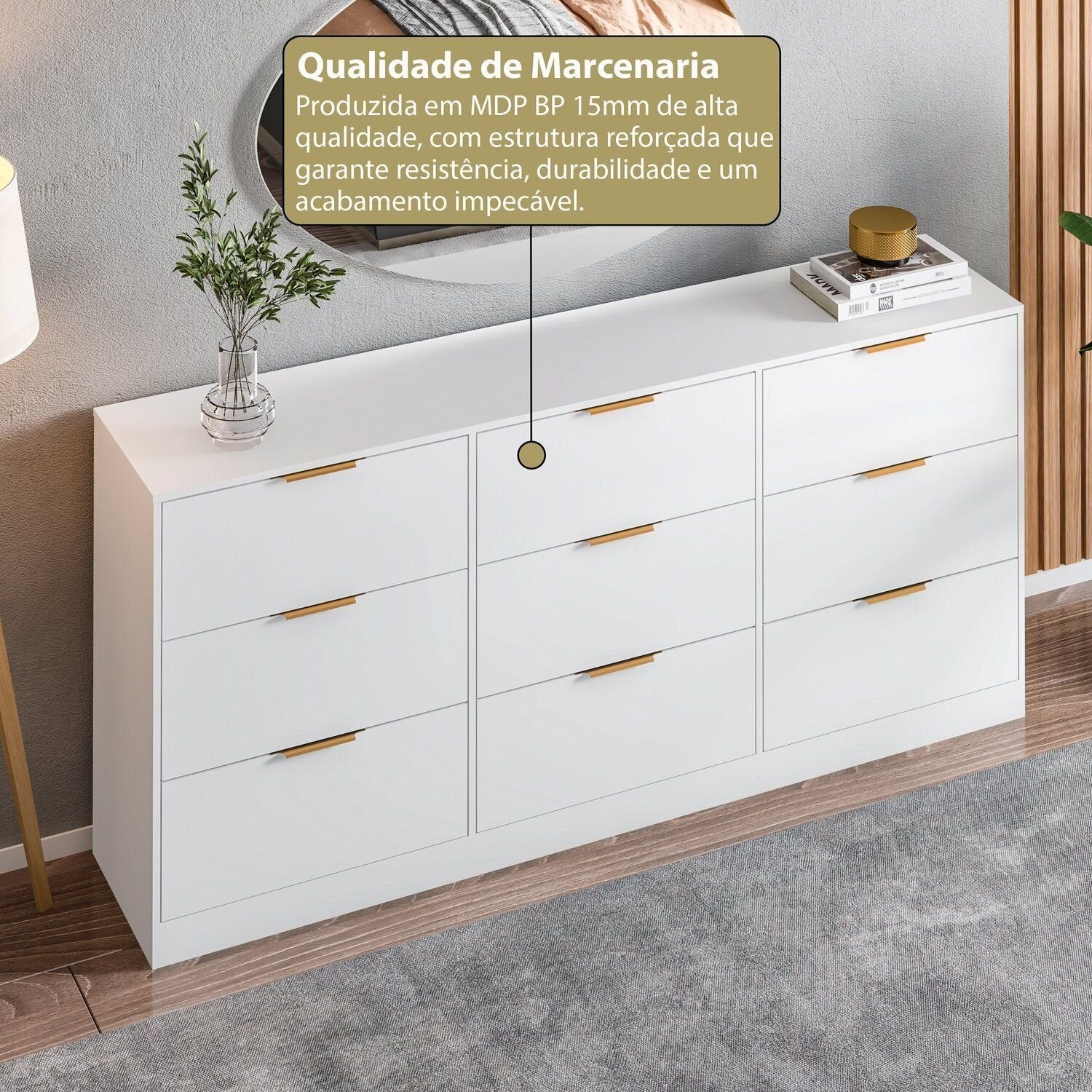 Cômoda para Quarto 9 Gavetas 200x90cm Sun Yescasa Branco