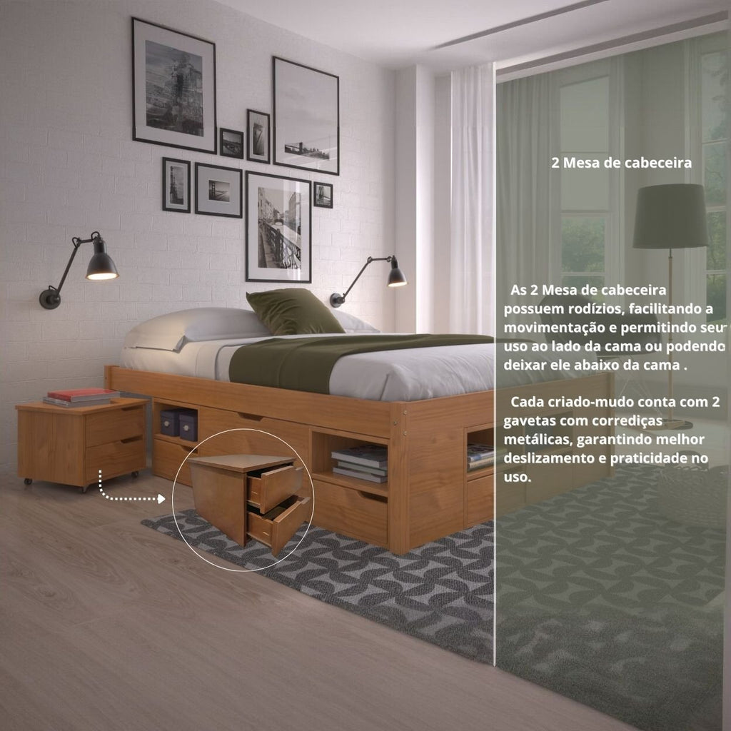 Cama Queen Multifuncional Madeira Maciça 6 Gavetas Charme Inter Link Marrom/Amendoa