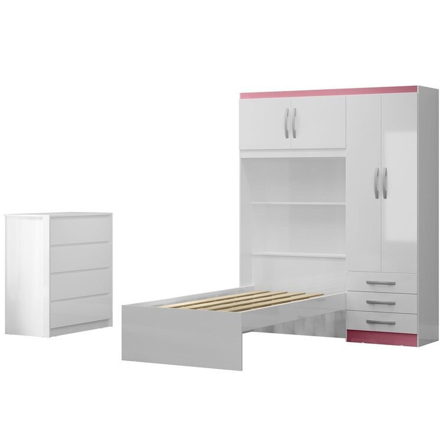 Conjunto Infantil Guarda-Roupa com Cama Lisboa 4 Portas e 3 Gavetas com Cômoda Carla 4 Gavetas MX Móveis Branco/Rosa