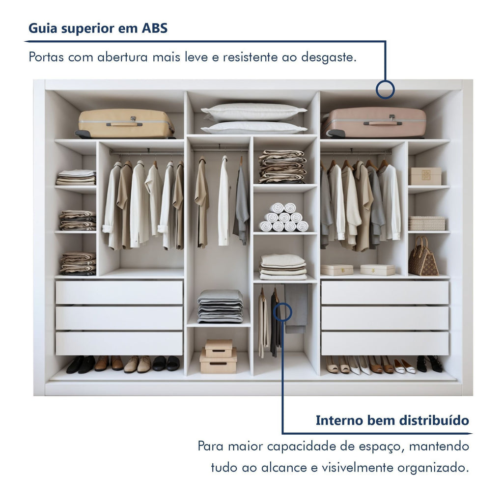 Guarda-Roupa Casal 3 Portas de Correr 6 Gavetas Premium Liv Yescasa MDP Branco