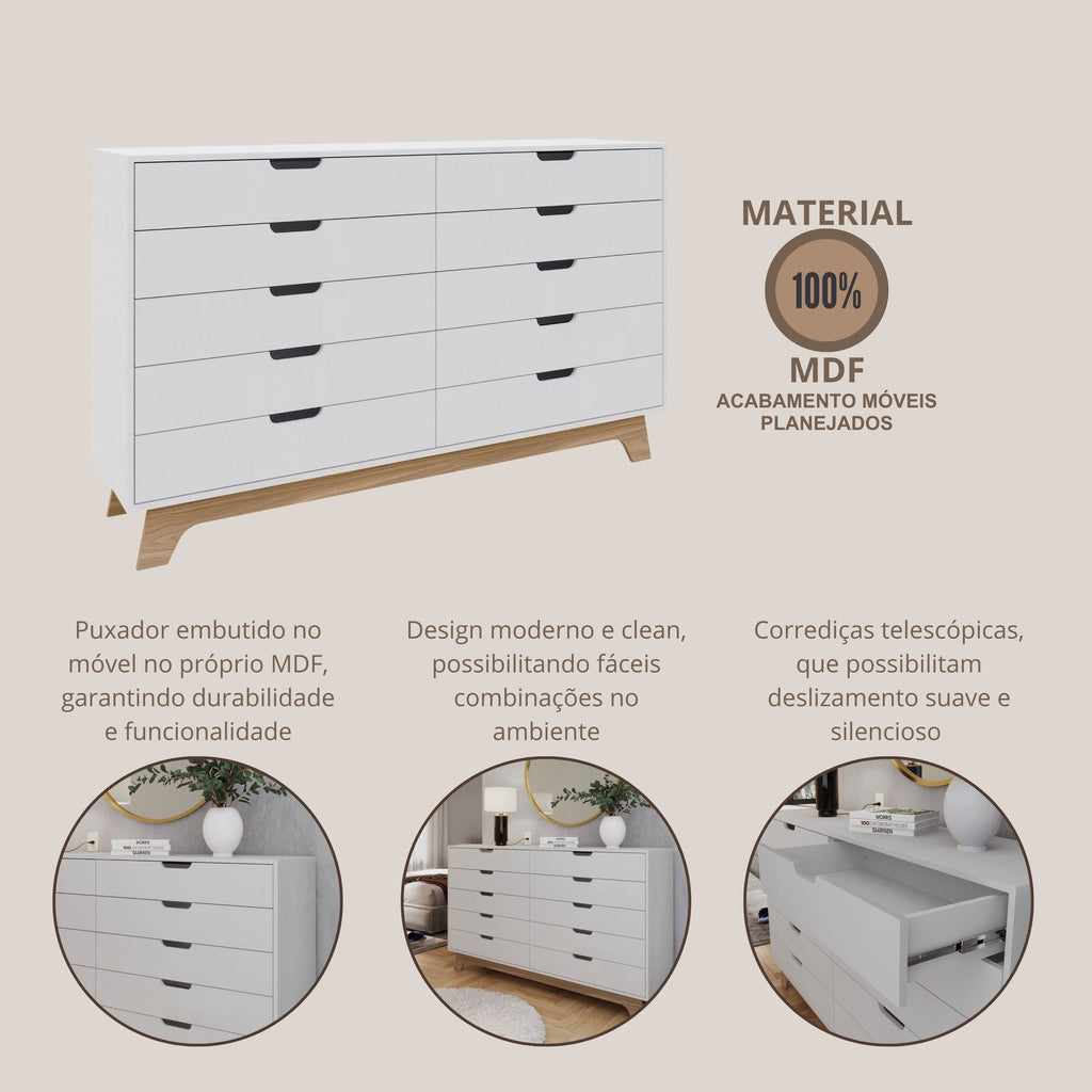 Cômoda Alice 10 Gavetas 160cm Yescasa Branco/Louro Freijó