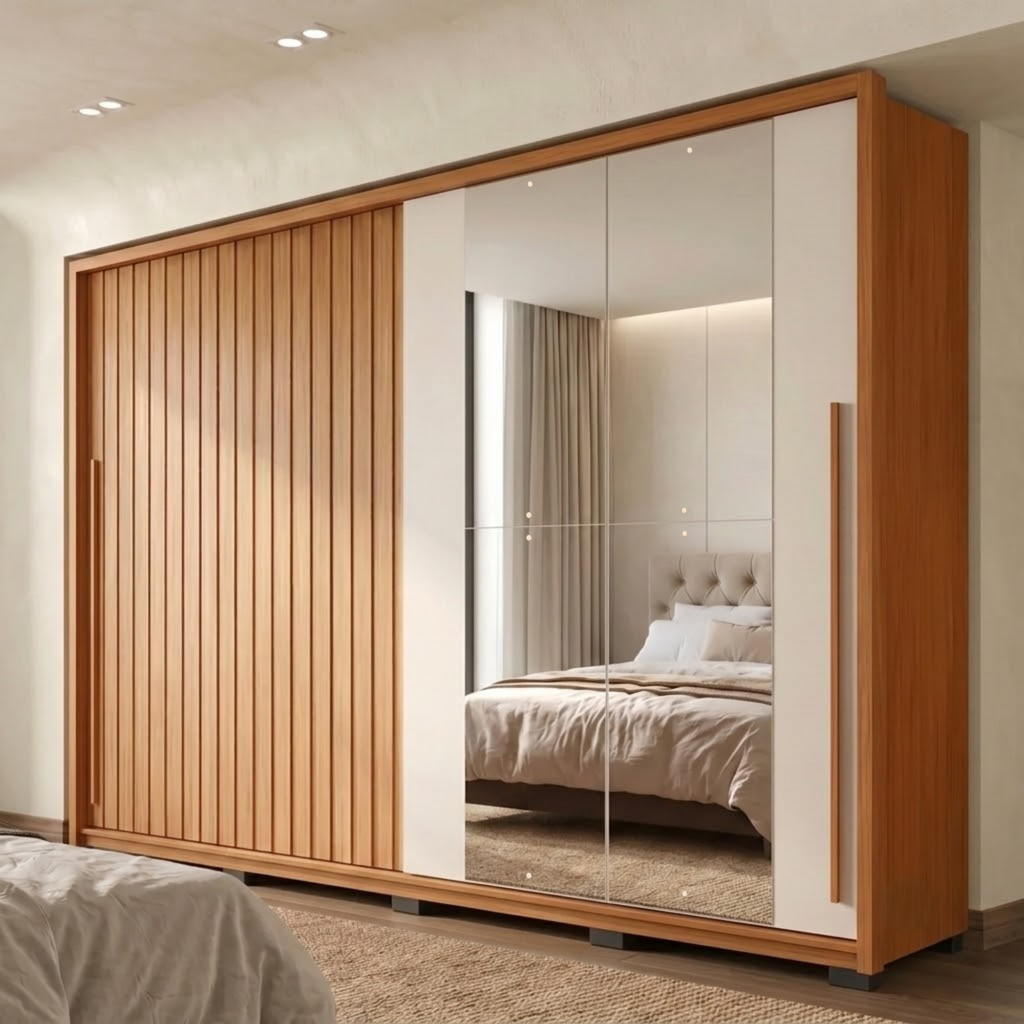 Guarda-Roupa Casal Ripado 2 Portas 4 Gavetas com Espelho Suburban Caemmun 100% MDP/MDF Freijó/Off White