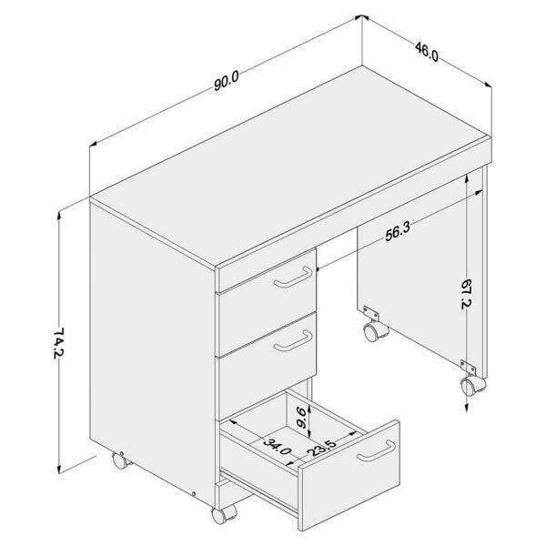Escrivaninha Mesa Escritório Osaka 3 Gavetas 90cm Politorno