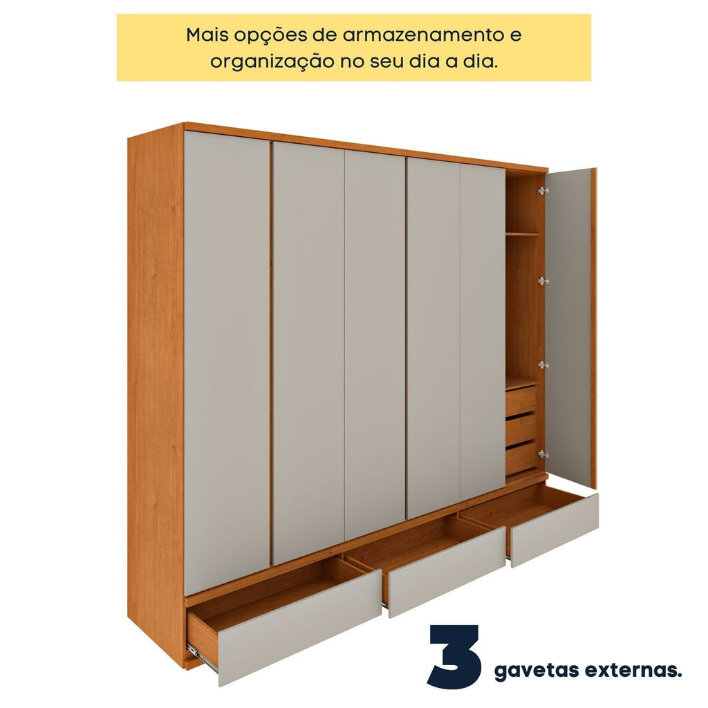 Guarda-Roupa Casal 6 Portas 9 Gavetas 270cm Tóquio Yescasa 100% MDF Bege/Cinamomo/Off White