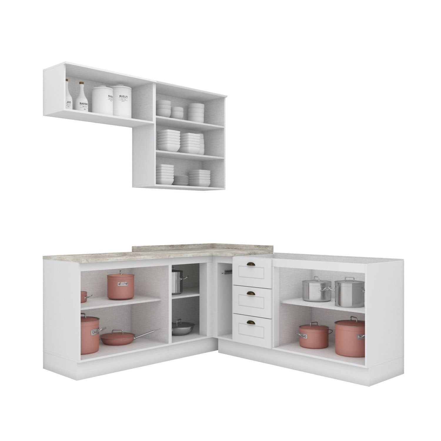 Cozinha Completa Modulada Emily Espresso Móveis 6 Peças 8 Portas 3 Gavetas Branco/Calcare