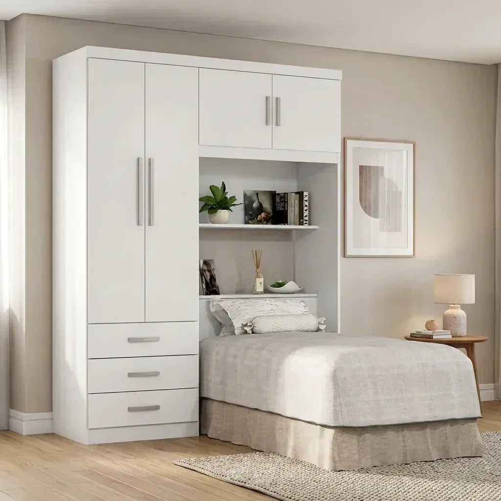 Guarda-Roupa Solteiro 4 Portas 3 Gavetas com Cabeceira e Baú Cancun Yescasa MDP Branco