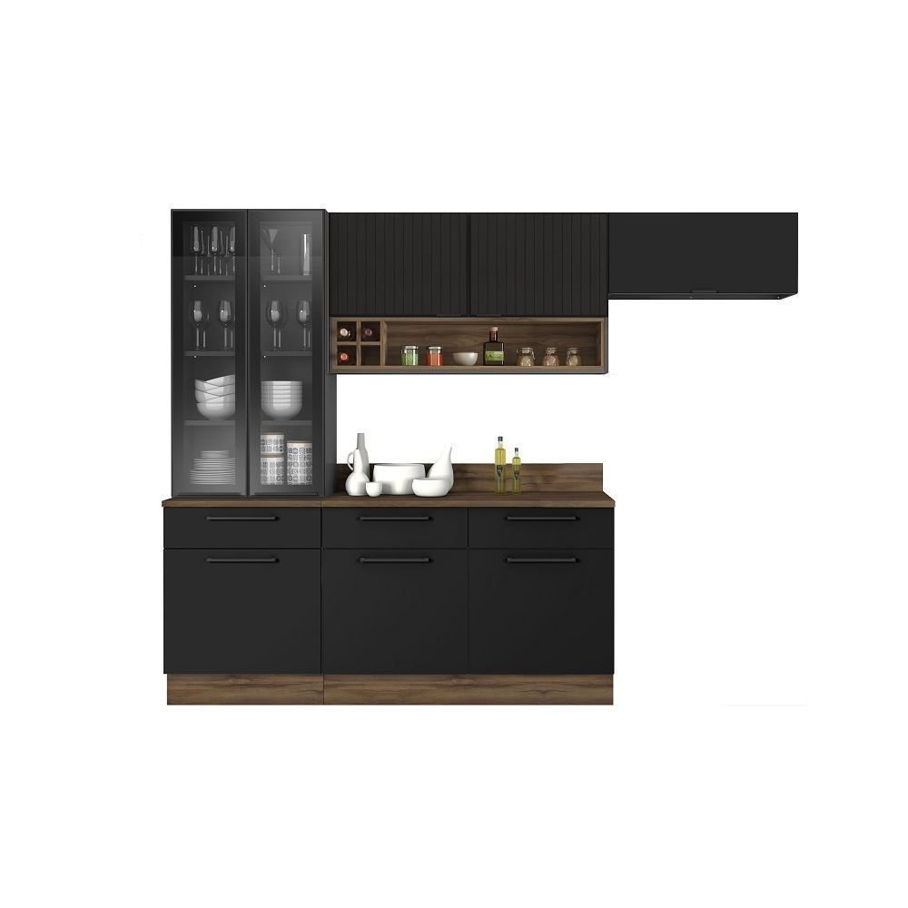 Cozinha Modulada em Aço 5 Peças 8 Portas 3 Gavetas Cristaleira com Rodapé PVC Exclusive Itatiaia Preto/Grafite