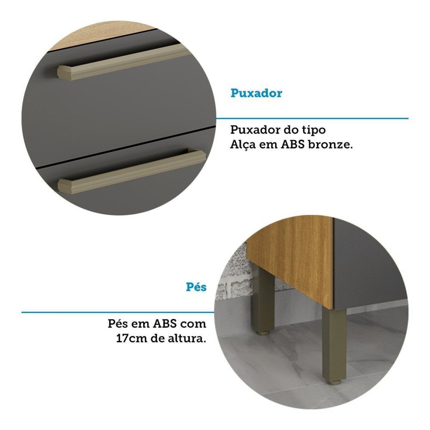Balcão de Cozinha para Pia 3 Portas 2 Gavetas 120cm sem Tampo Itália Espresso Móveis Amêndoa/Chumbo