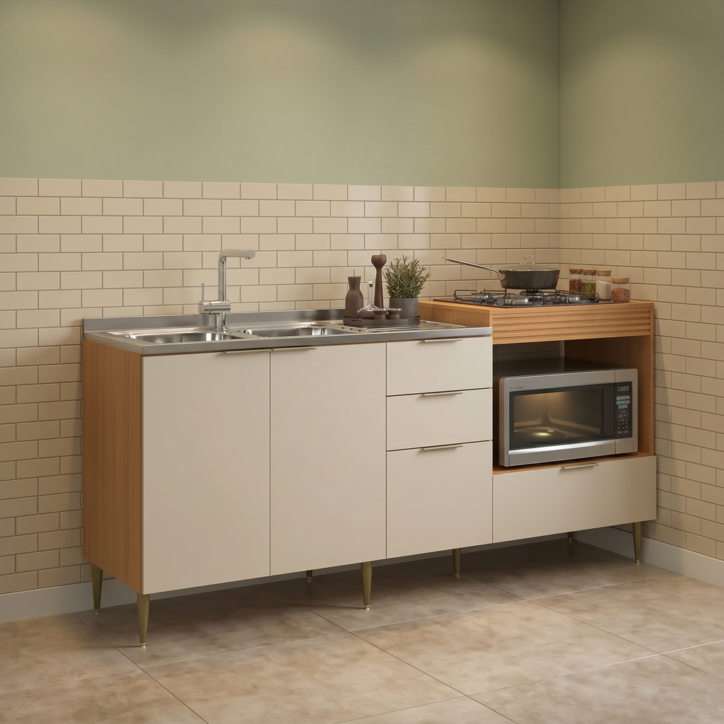 Balcão para Pia e Cooktop 4 Portas 2 Gavetas 190cm Alice Angelin e Off White Yescasa Laranja/Premium