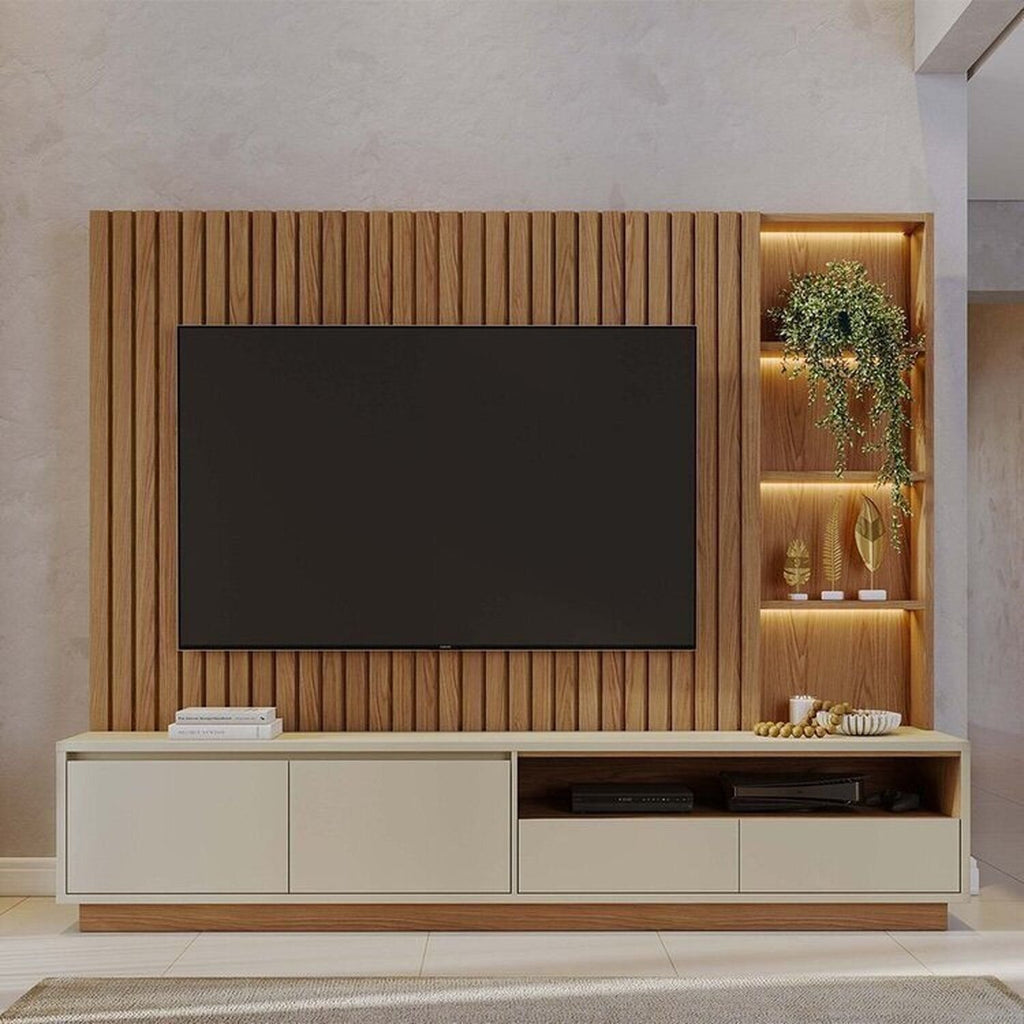 Conjunto Sala de Estar Home Theater Ripado para TV até 82 Polegadas 240cm com LED Cristaleira e Buffet 4 Portas Colibri Marrom Freijó/Off White Matte
