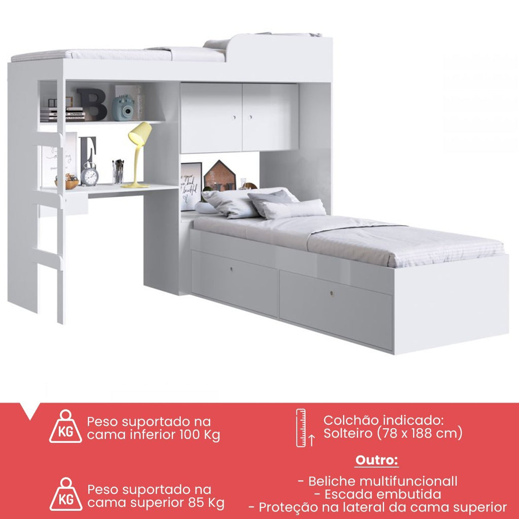 Conjunto Cama de Solteiro com Baú e Cama Alta Lion com Escada e Escrivaninha Branco Cj038 Art In Móveis