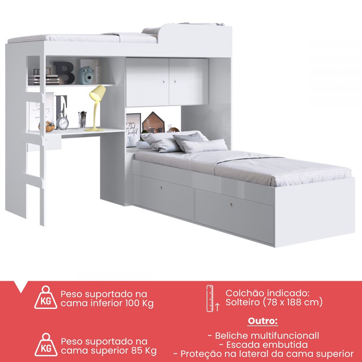 Conjunto Cama de Solteiro com Baú e Cama Alta Lion com Escada e Escrivaninha Branco Cj038 Art In Móveis
