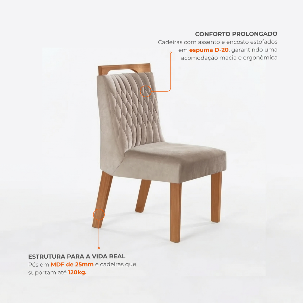 Conjunto Sala de Jantar Mesa Safira Tampo Vidro e MDF com 6 Cadeiras Atena LJ Móveis