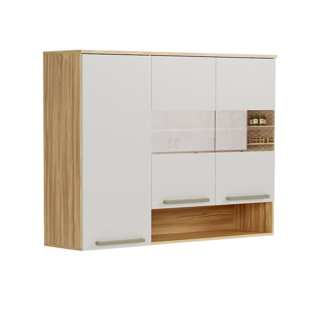 Armário Aéreo de Cozinha 120cm 3 Portas Vidro Reflecta Itália Espresso Móveis Bege/Amêndoa/Off White
