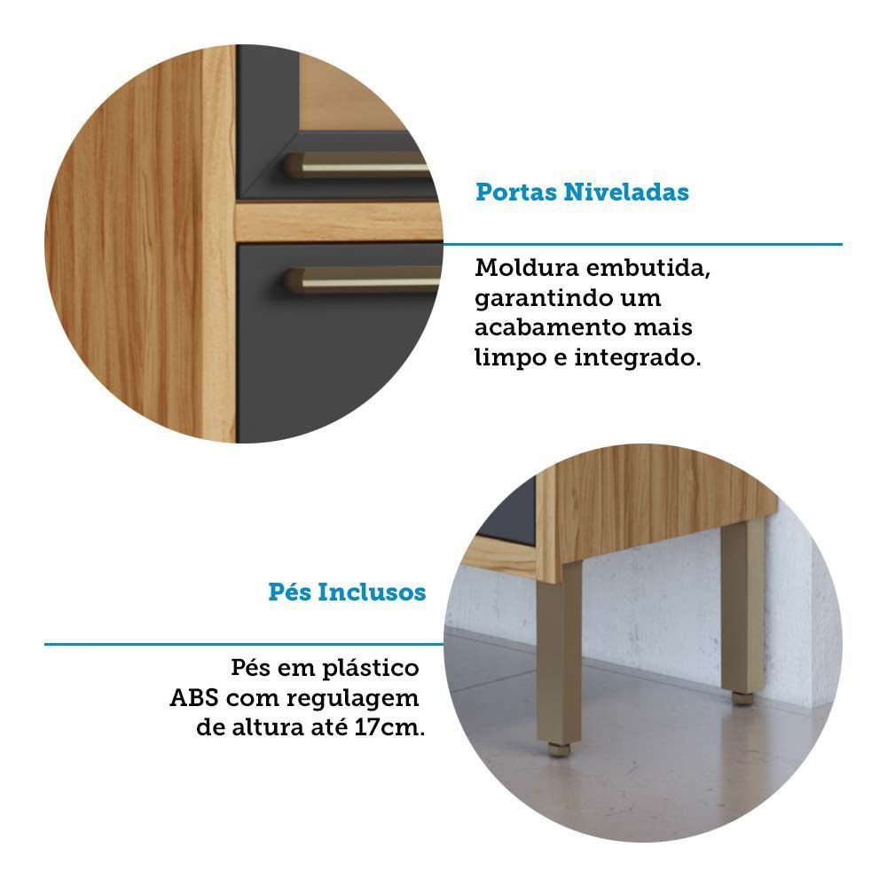 Cozinha Completa Modulada 100% MDF Vicenza Espresso Móveis 6 Peças 12 Portas 4 Gavetas Vidro Amêndoa/Chumbo 354,5x225x47cm