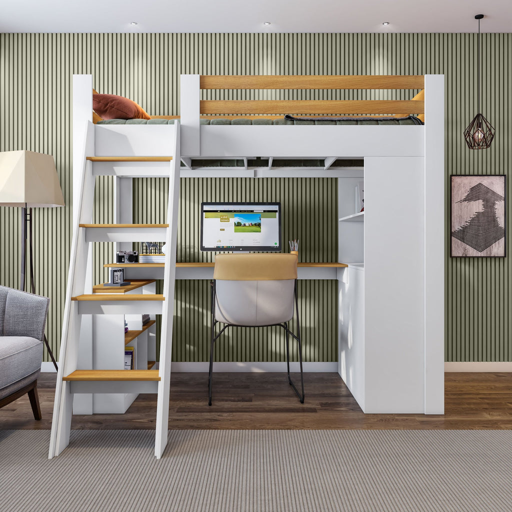 Cama Alta Beliche Office Adulto Multifuncional com 6 Gavetas Micenas Yescasa Branco/Freijó