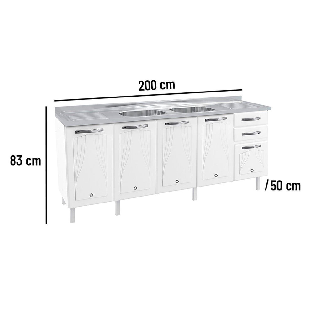 Balcão de Cozinha em Aço 5 Portas 2 Gavetas sem Tampo 200cm Star New Telasul Branco