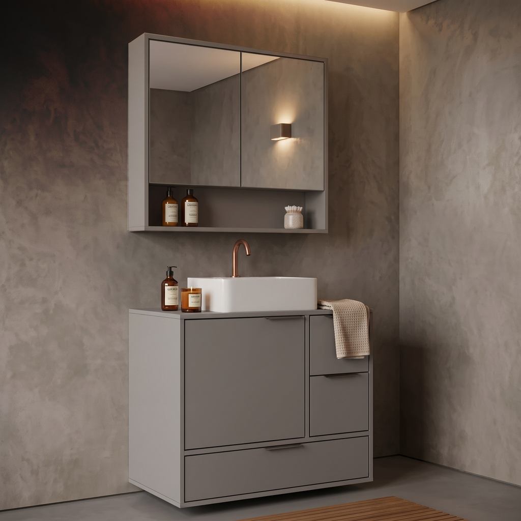 Conjunto Gabinete para Banheiro Yescasa Prime Modulado 801 80cm Cuba e Espelheira Cinza/Cimento