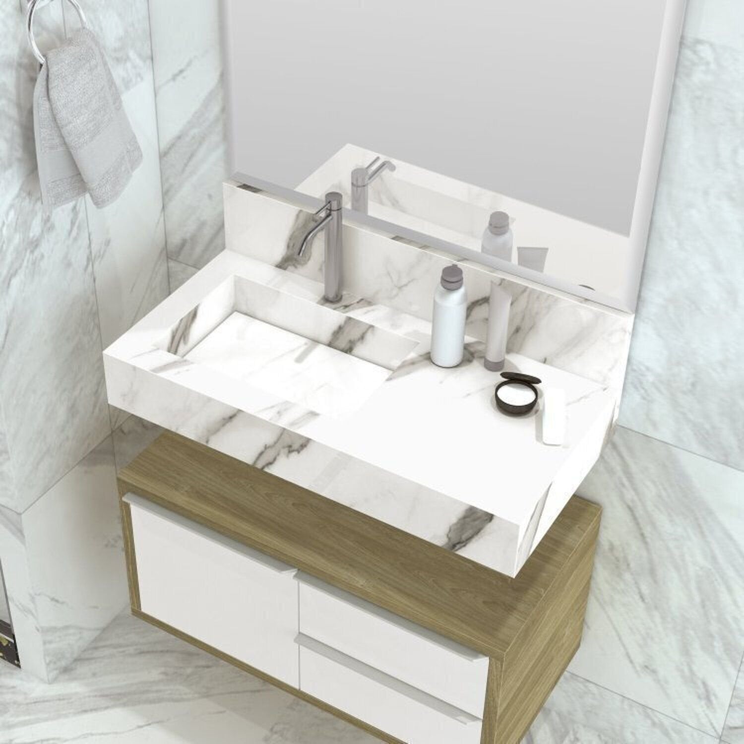 Conjunto para Banheiro Bancada em Porcelanato com Cuba Esculpida, Armário e Espelheira Ripy Bumi 80cm Branco