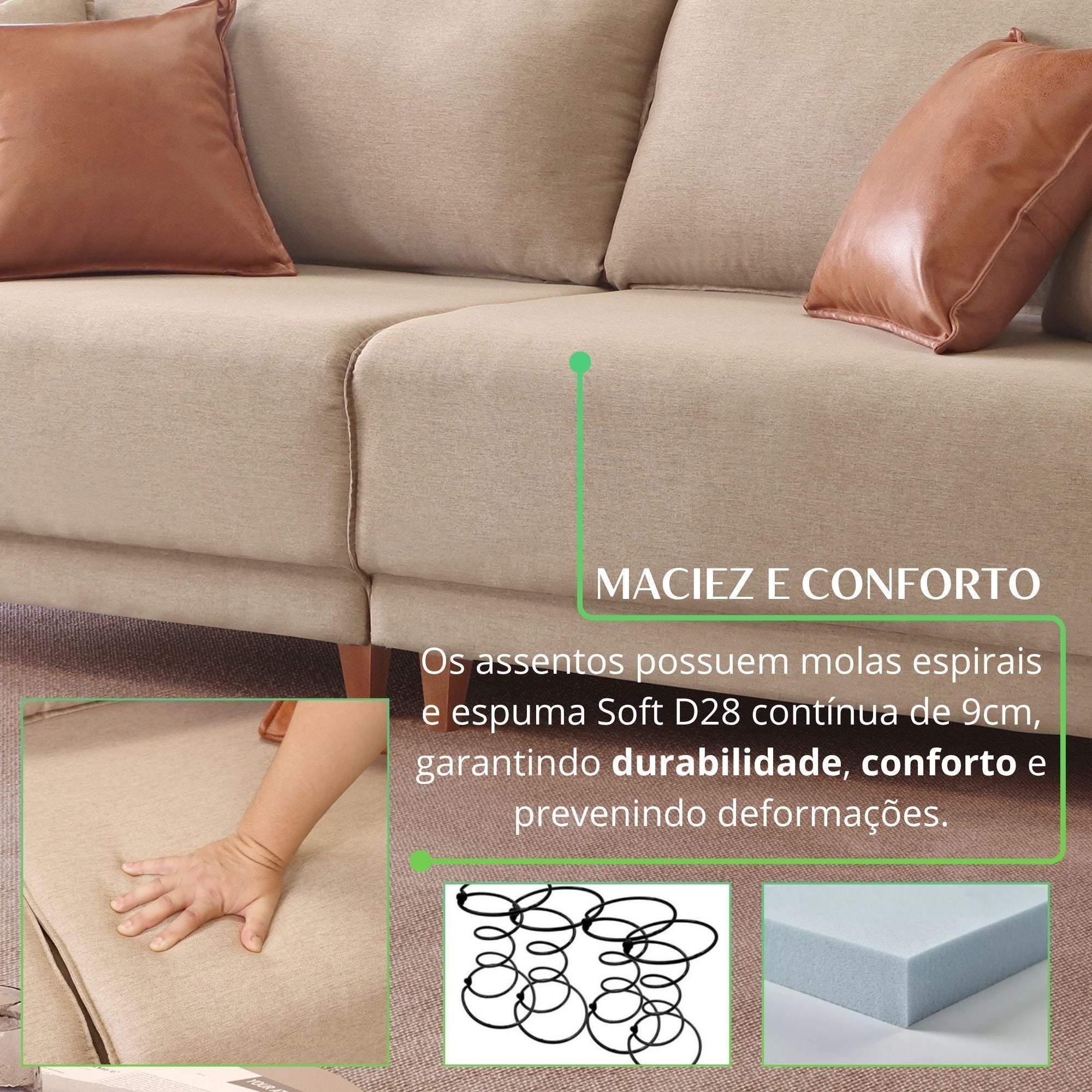 Sofá Living Canela 4 Lugares 265 cm Linho Lufer Estofados