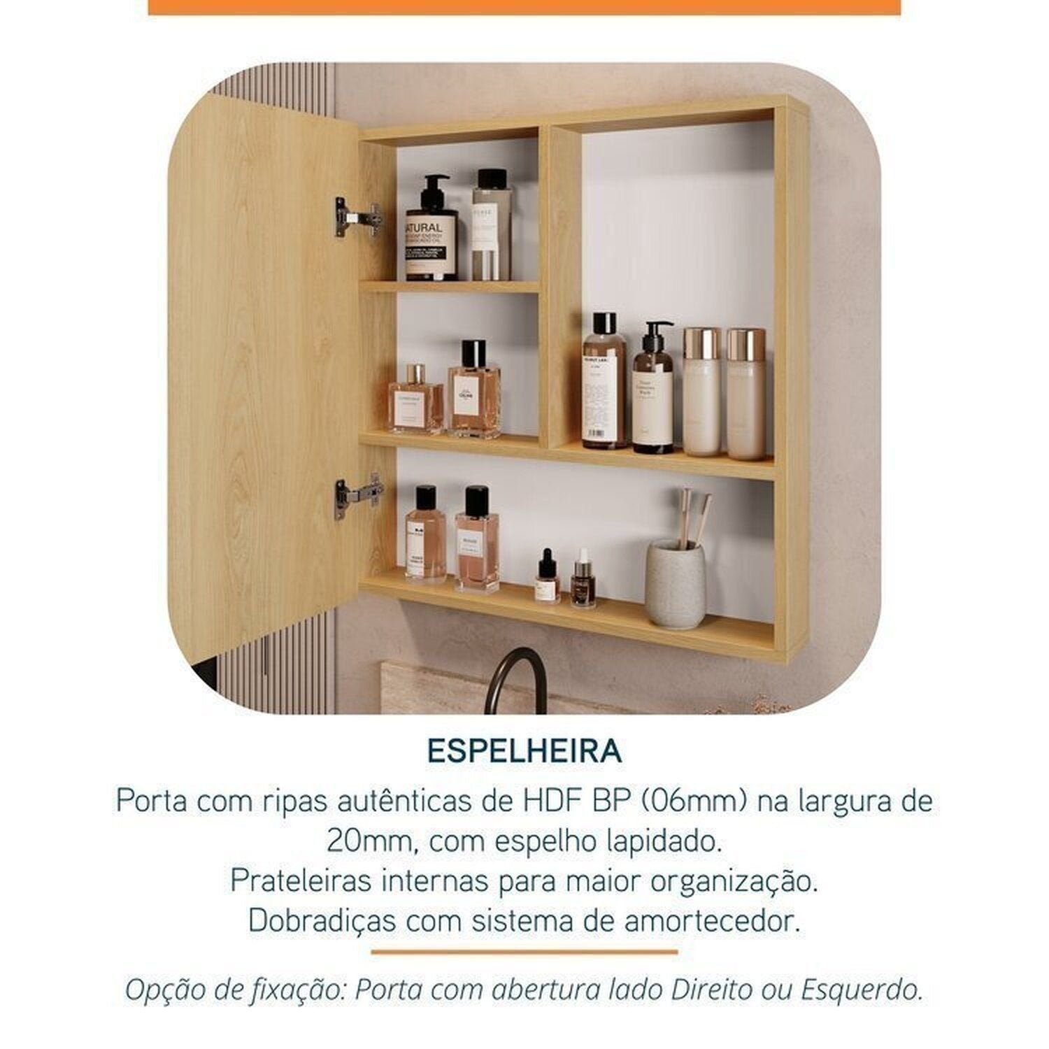 Conjunto para Banheiro Bancada em Porcelanato com Cuba Esculpida, Armário e Espelheira Ripy Bumi 60cm Amarelo/Wood