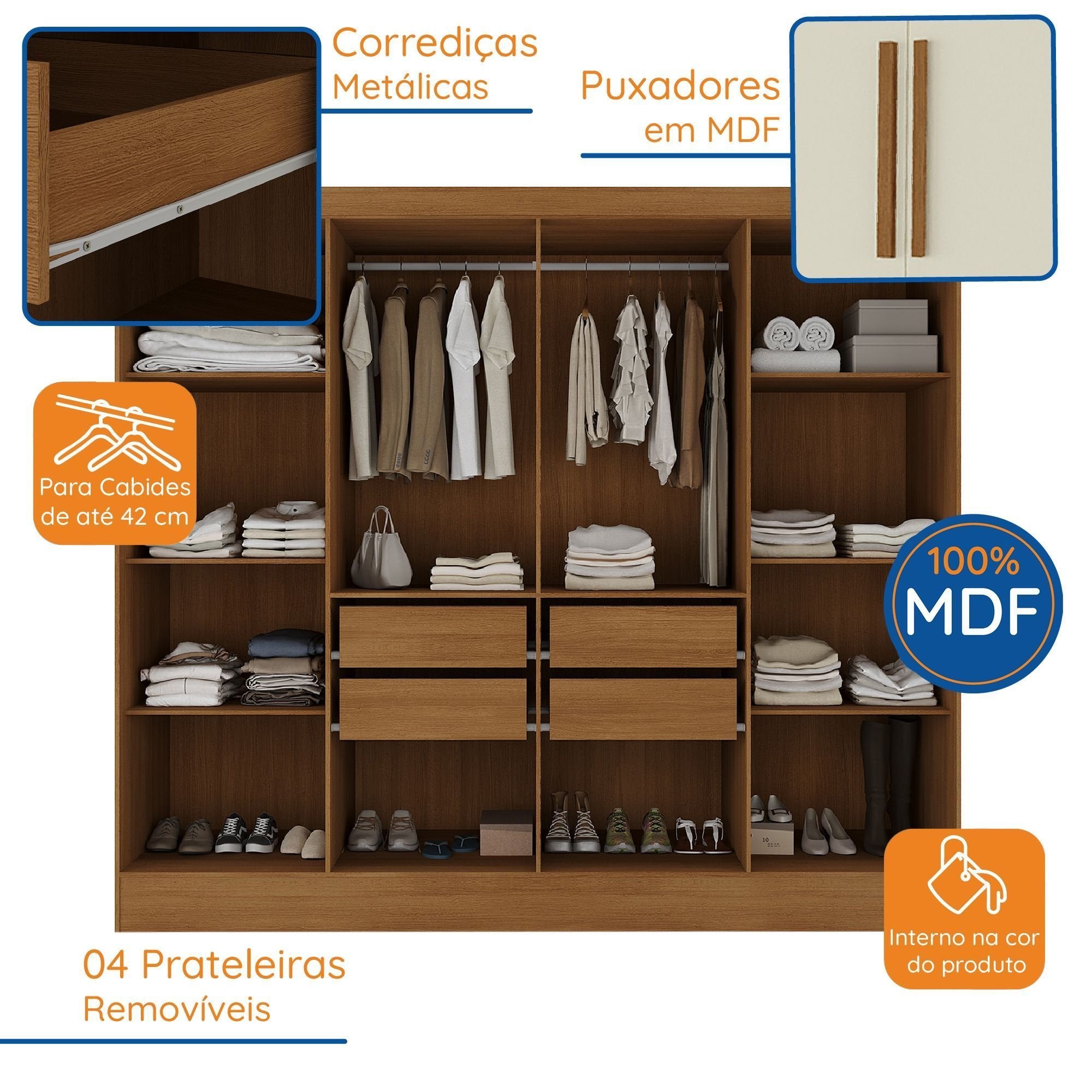 Guarda-Roupa Casal 8 Portas 4 Gavetas Jatobá Yescasa 100% MDF Cinamomo/Off White