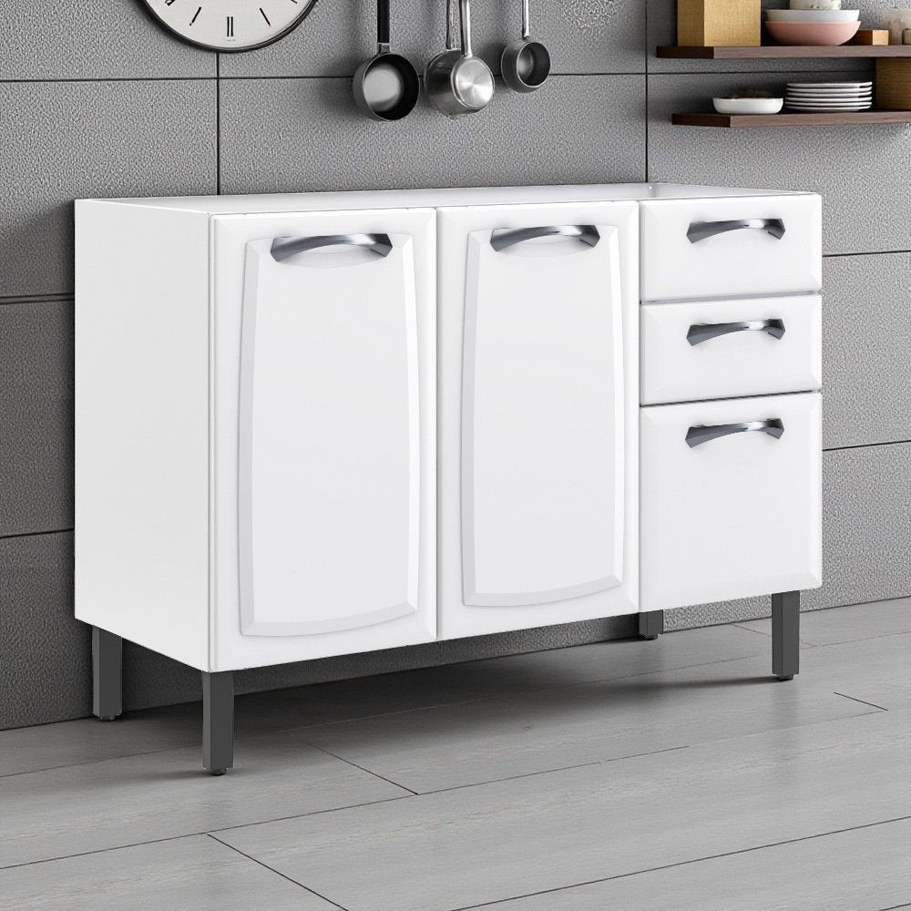 Balcão Cozinha em Aço 3 Portas 2 Gavetas 120cm sem Tampo New Premium Itatiaia Branco
