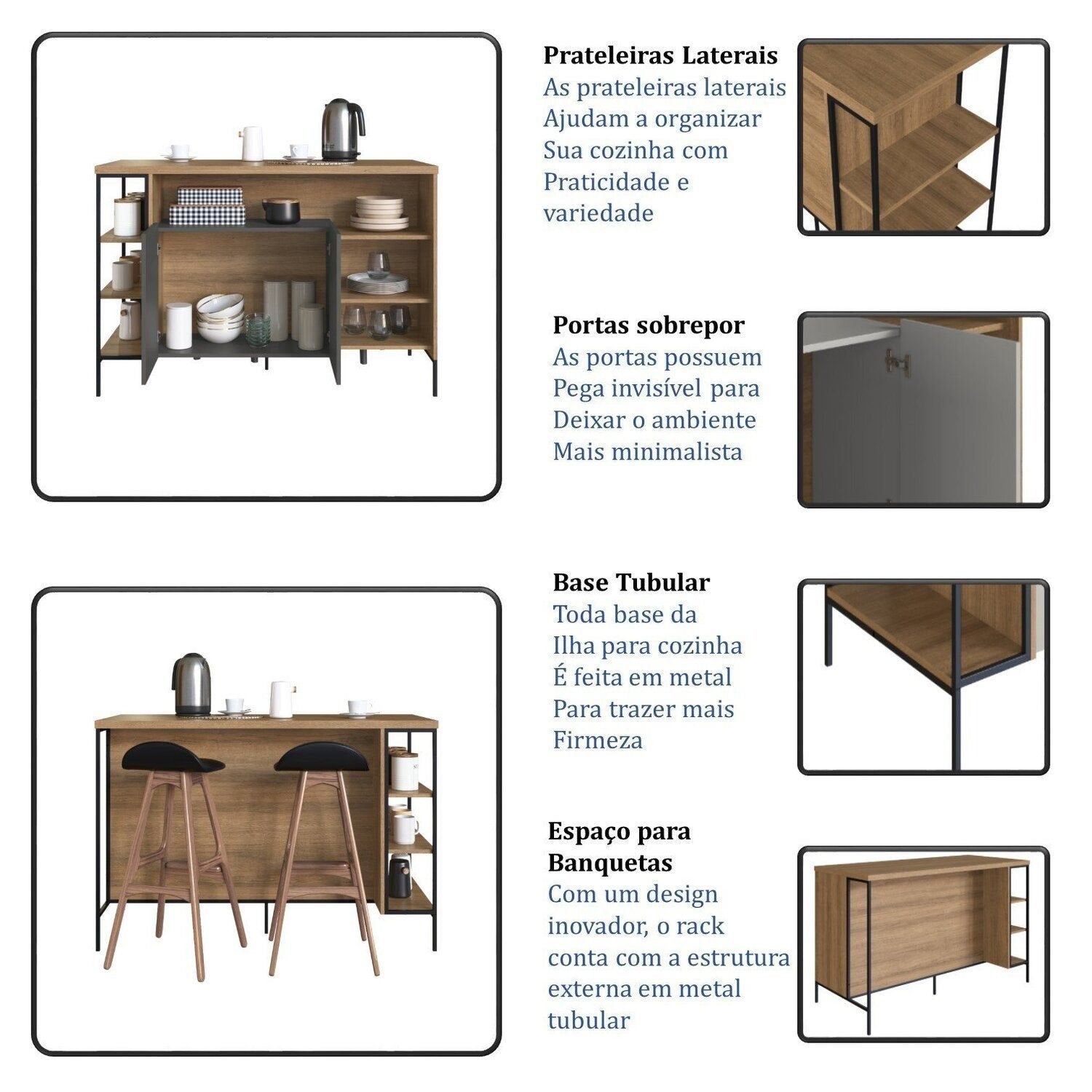 Mesa Bancada Gourmet Estilo Industrial 131cm com Armário 2 Portas Placa e Ponto Marrom/Preto/Mel/Grafite