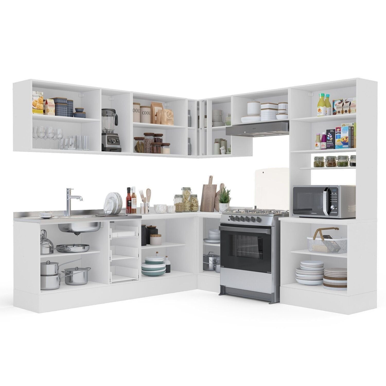 Cozinha Completa Modulada Pérola Yescasa 9 Peças Torre Quente Aéreo Balcão Basculante Canto Rodapé Branco/Azul