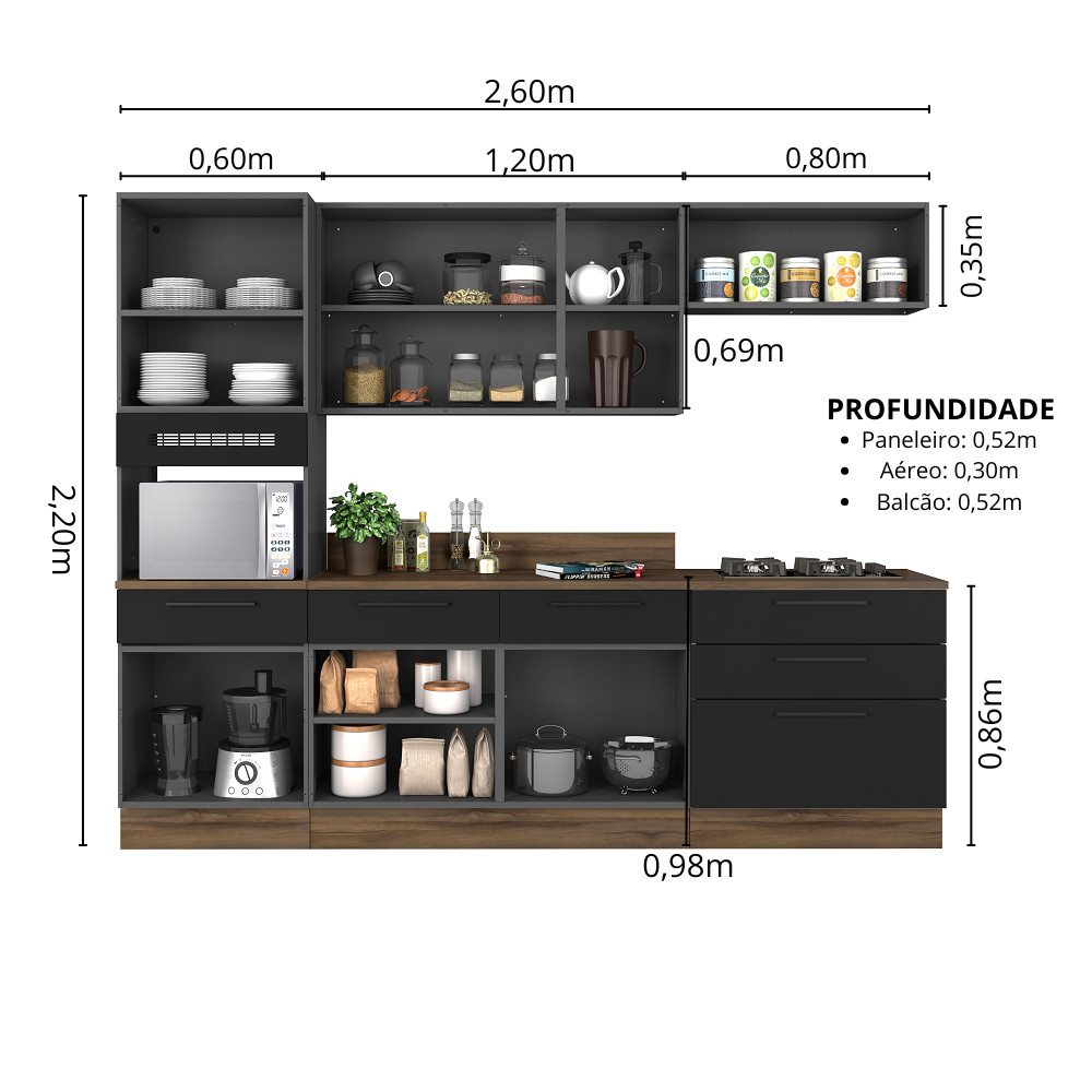 Cozinha Modulada em Aço Exclusive Itatiaia 5 Peças 7 Portas 6 Gavetas Paneleiro Forno Rodapé PVC Preto/Grafite/Matt