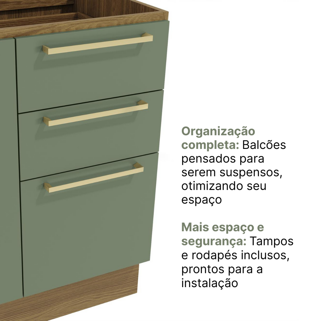 Cozinha Completa Botanic Kappesberg 7 Peças Torre Quente Paneleiro Balcão Nogueira/Verde Oliva 410x222x52cm