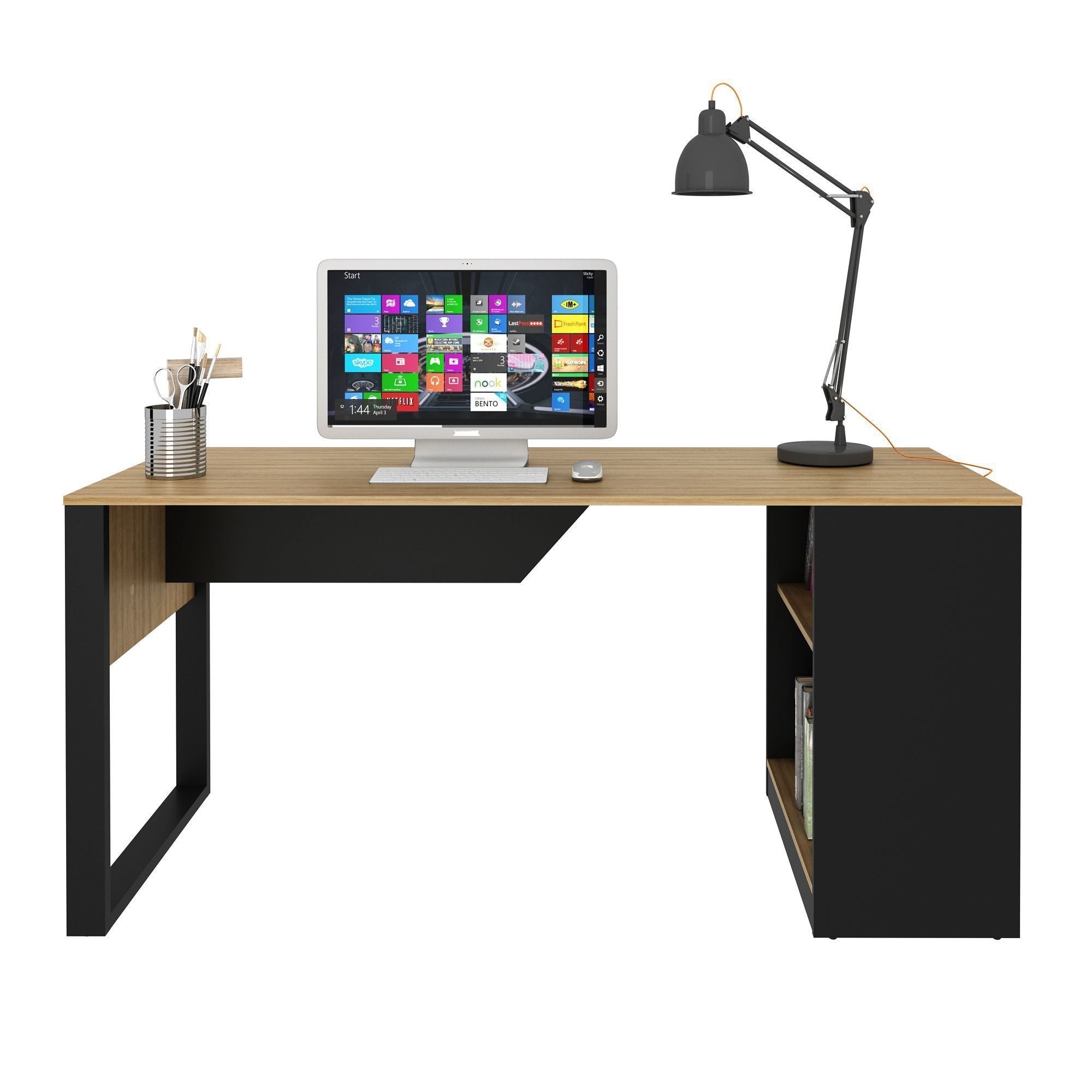 Escrivaninha Mesa Escritório 160cm Amêndoa e Preto Marrom Tecno Mobili ME4182