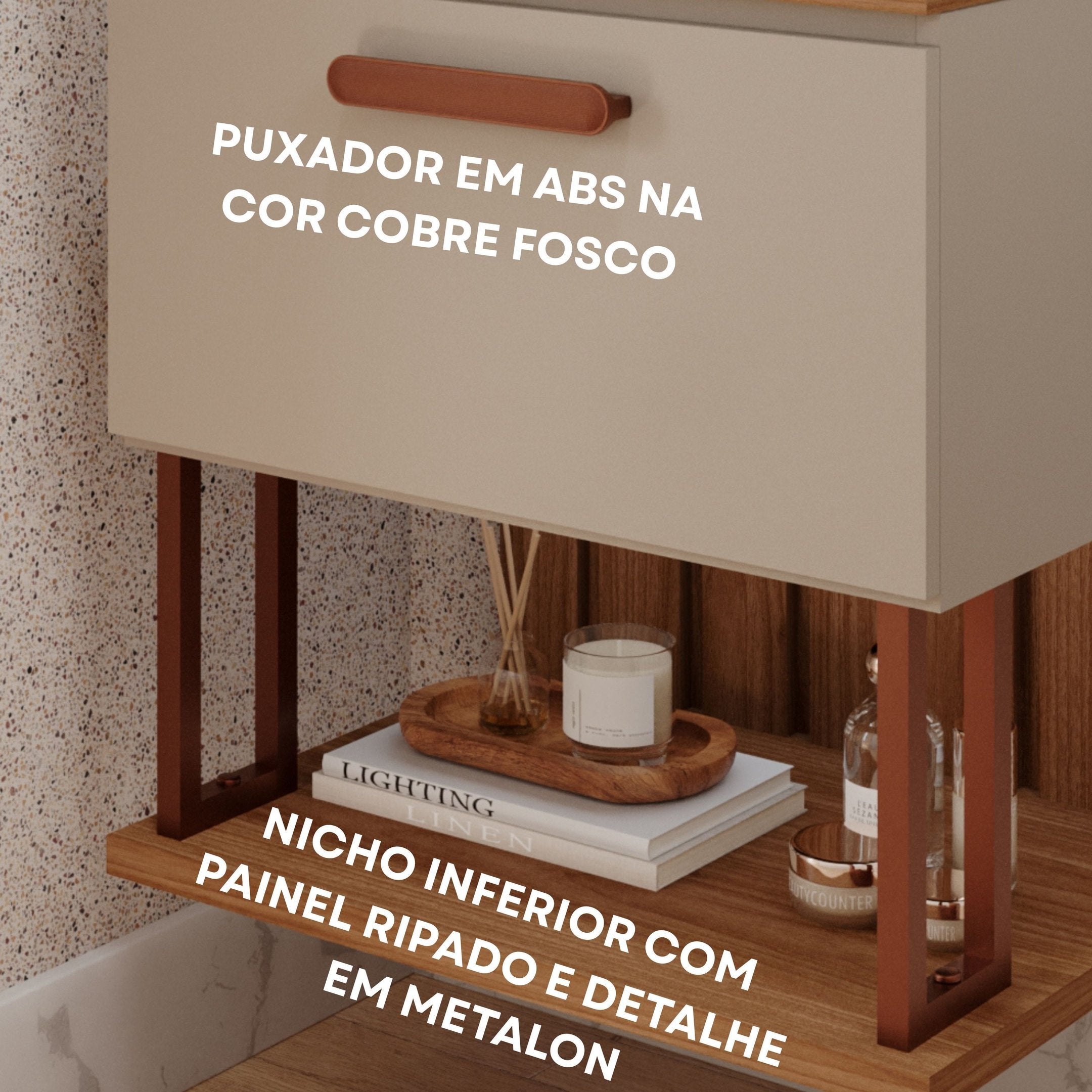 Gabinete Suspenso com Cuba, Painel Ripado e Espelheira 60cm Mari Espresso Móveis Bege/Cappuccino