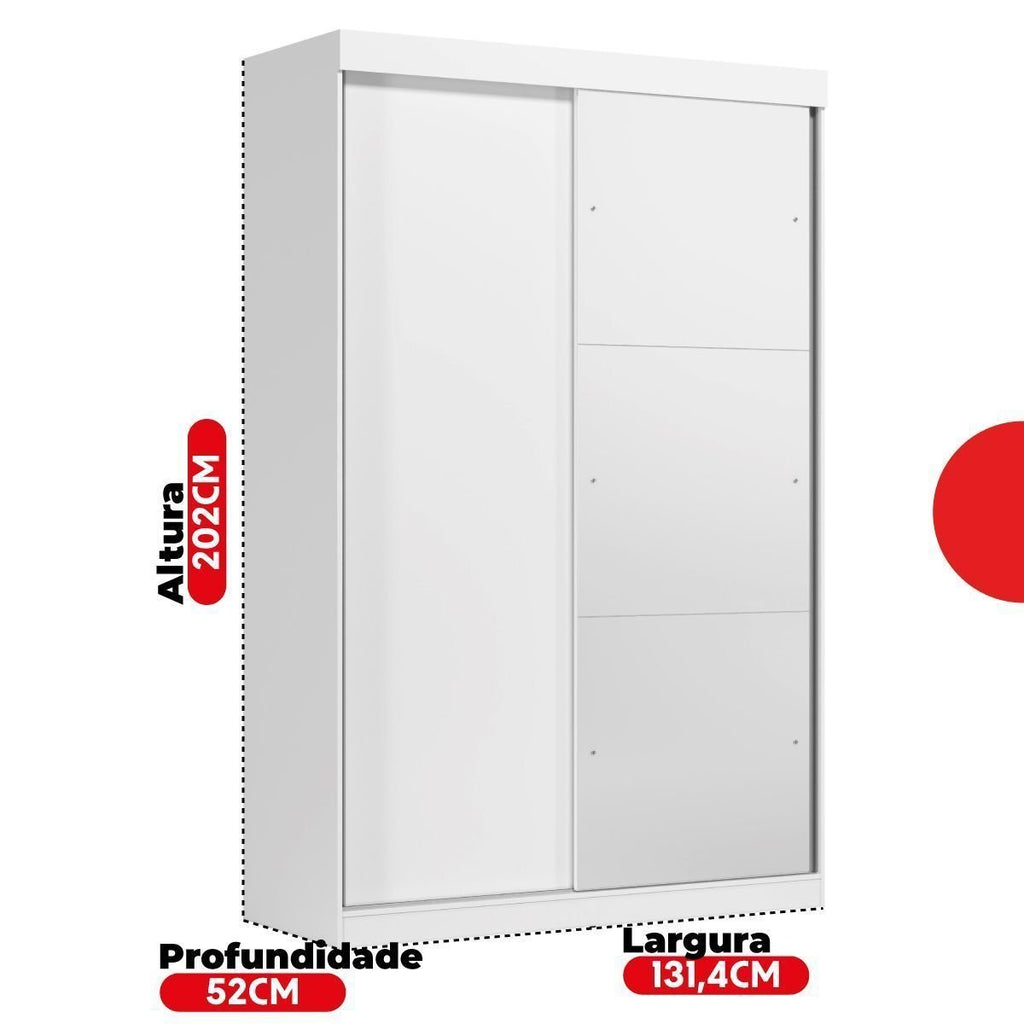 Guarda-Roupa Solteiro 2 Portas de Correr 2 Gavetas com Espelho Peônia Yescasa Branco