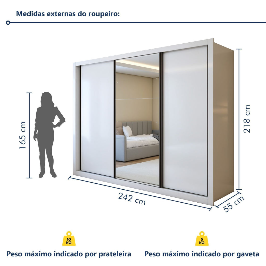Guarda-Roupa Casal 3 Portas de Correr 6 Gavetas Liv Yescasa 100% MDP Branco