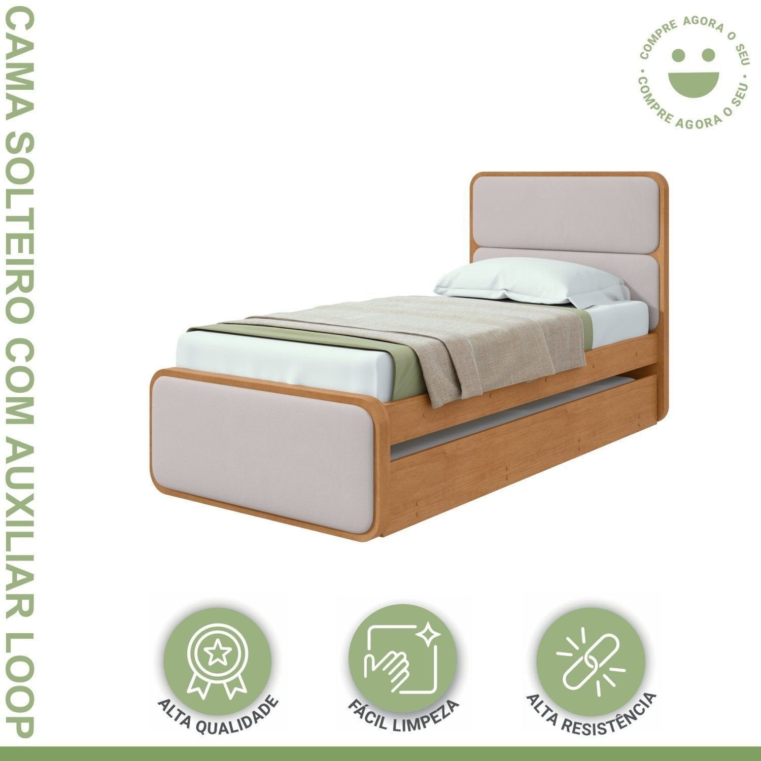 Bicama Solteiro Corino Loop Cama Auxiliar Móveis Lopas Marrom Amêndoa Clean