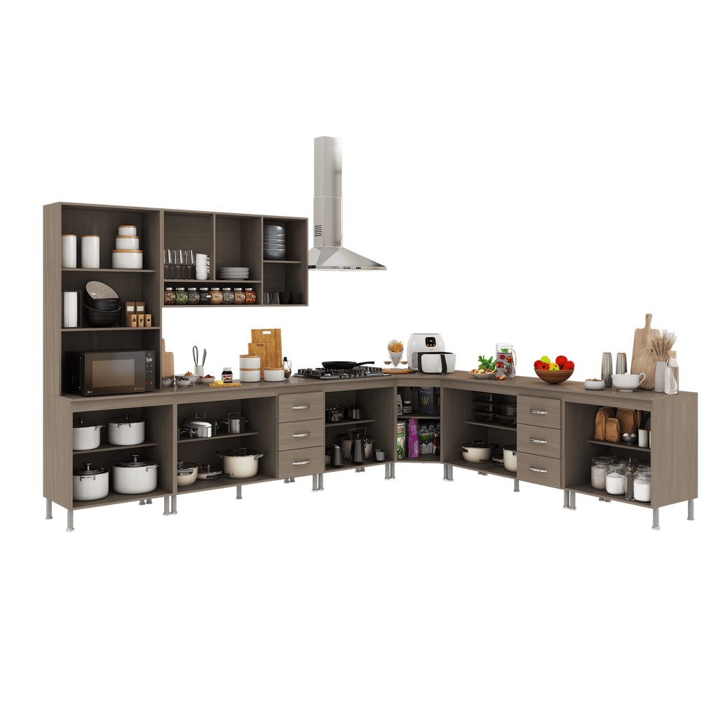 Armário de Cozinha Modulada Completa Fidelitá Paris 7 Peças 600cm 16 Portas 6 Gavetas com Tampo