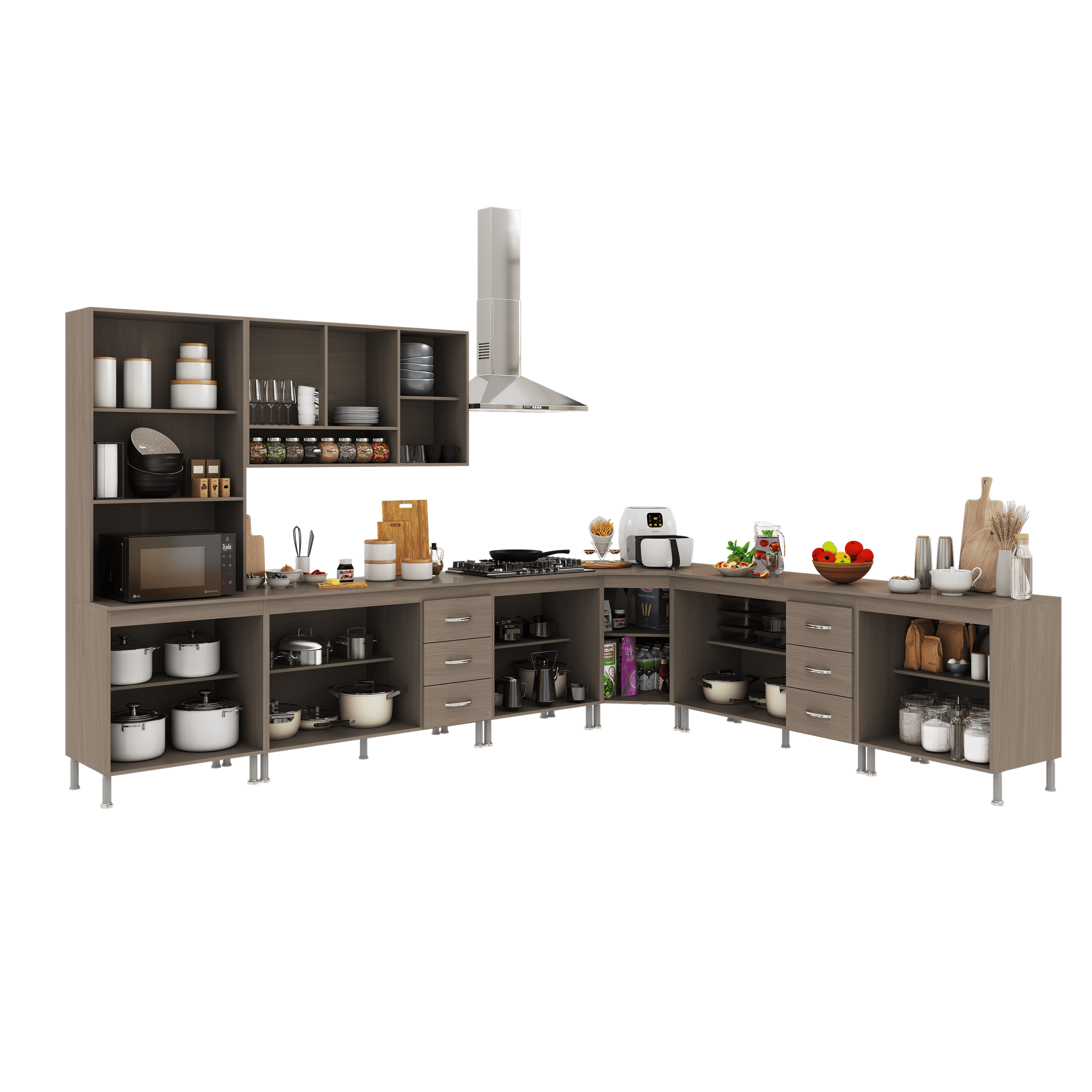 Armário de Cozinha Modulada Completa Fidelitá Paris 7 Peças 600cm 16 Portas 6 Gavetas com Tampo